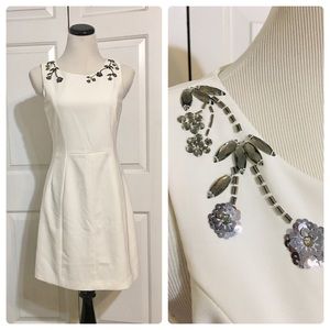 H&M Cream Shift Dress Rhinestone Neck Cuto…